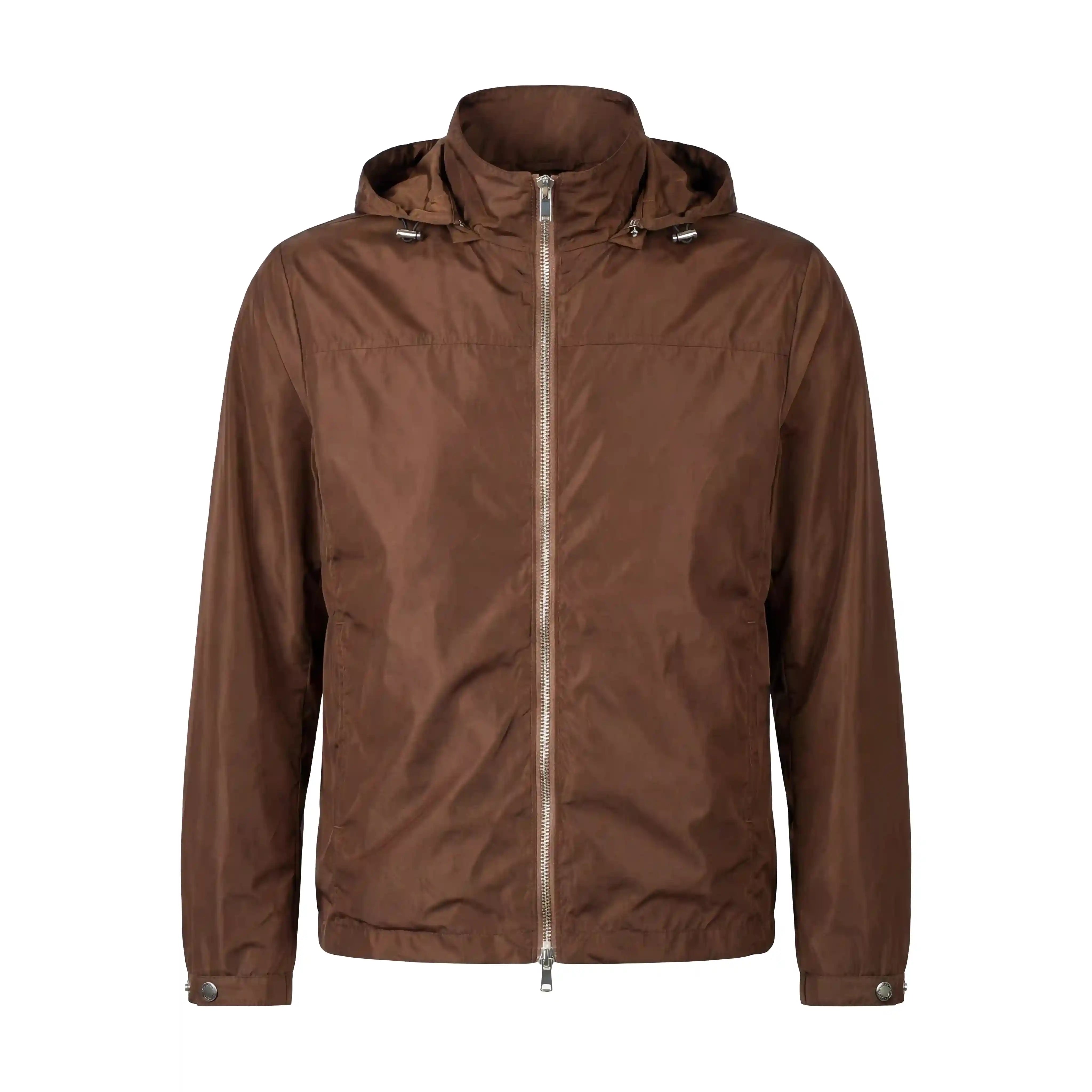 A brown hooded jacket with a full front zipper, shown on a plain white background.