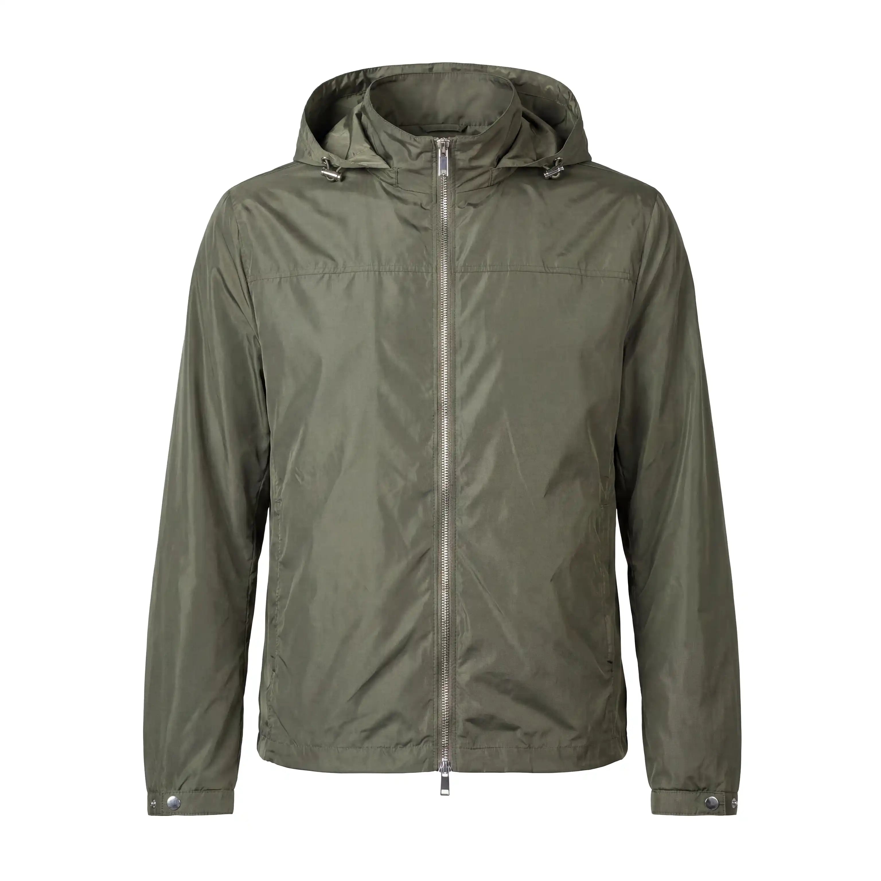 An olive green hooded jacket with a full front zipper, shown on a plain white background.