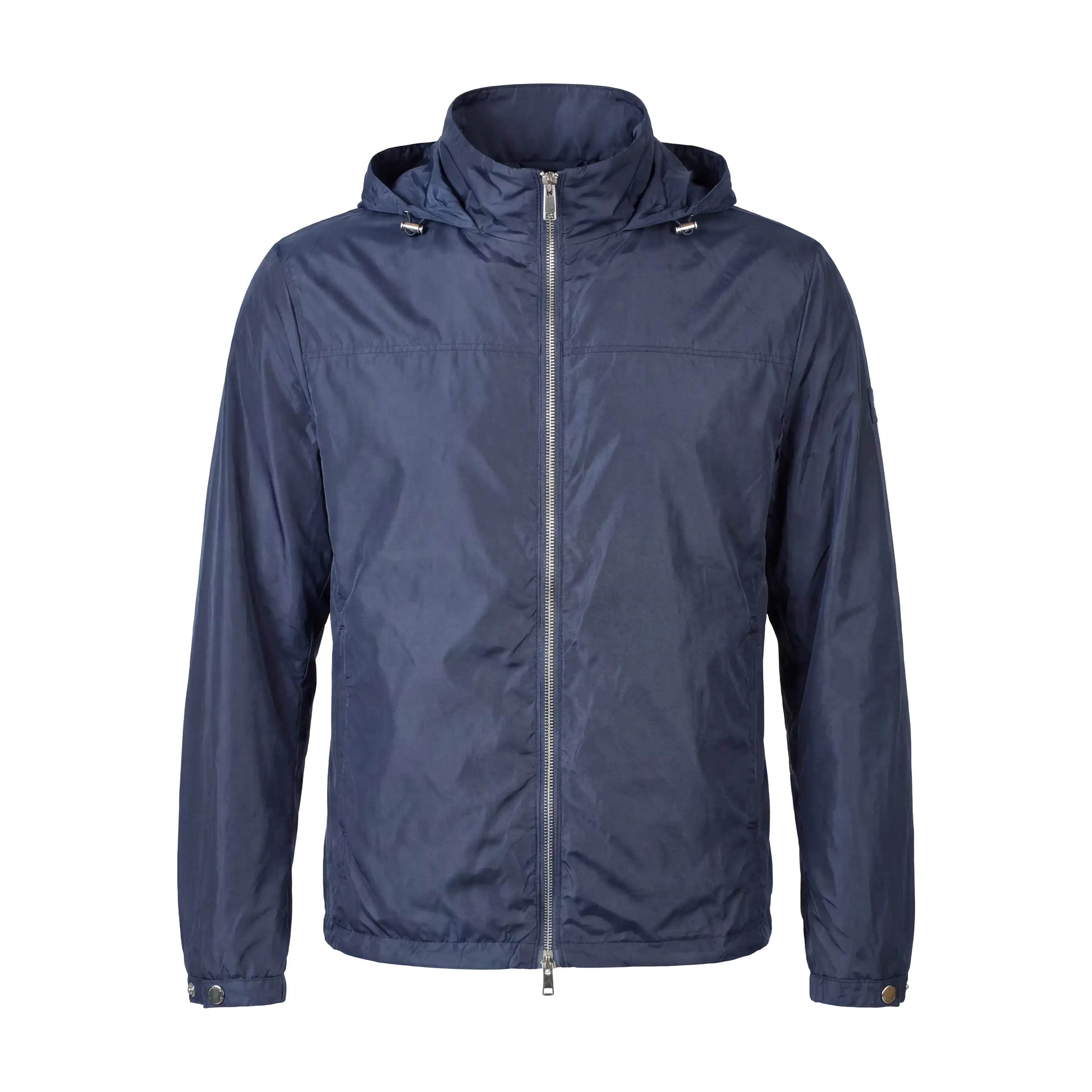 A navy blue lightweight hooded jacket with a full front zipper, shown on a plain white background.