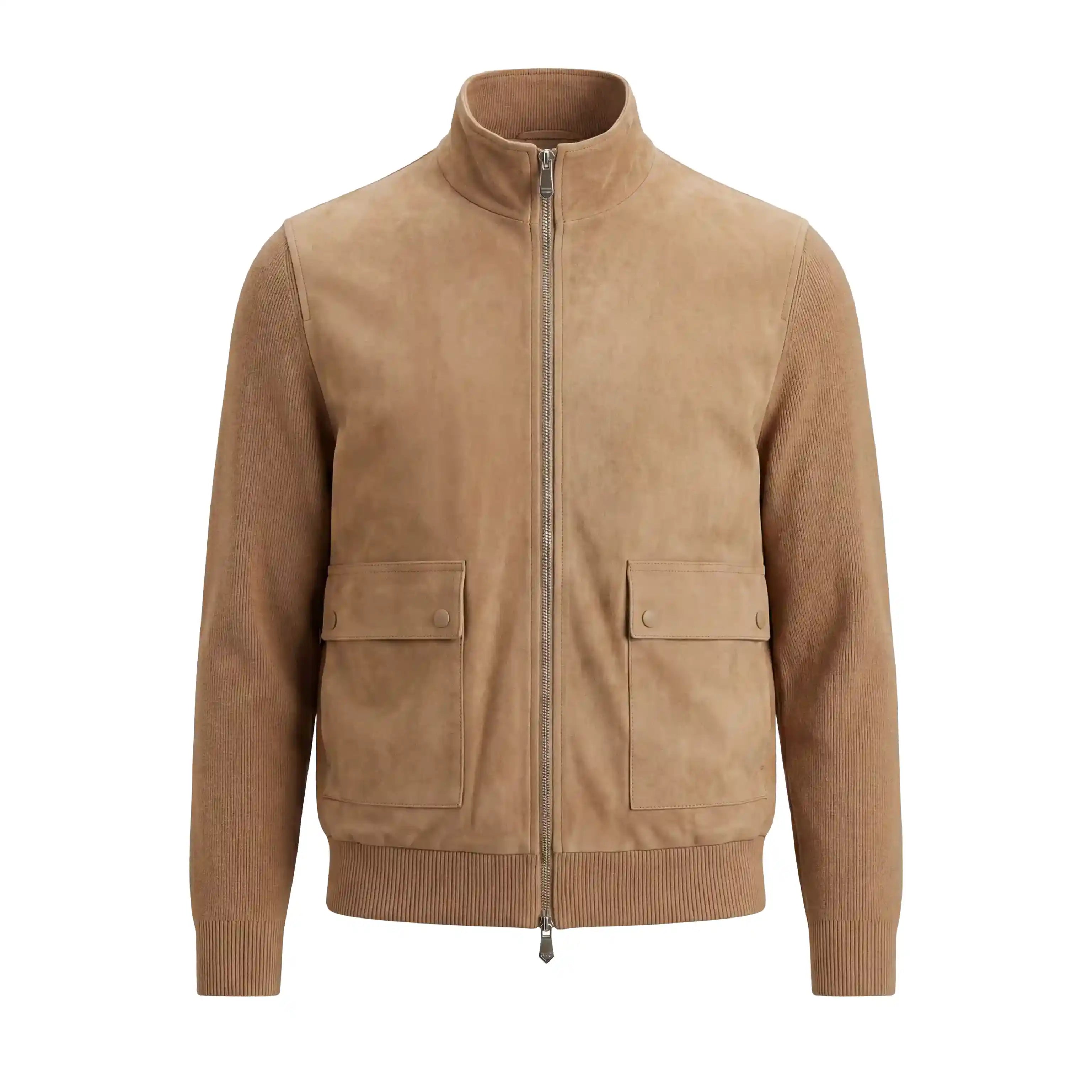 A tan suede zip-up jacket with a stand collar, ribbed knit cuffs and hem, and two front flap pockets, shown on a plain white background.