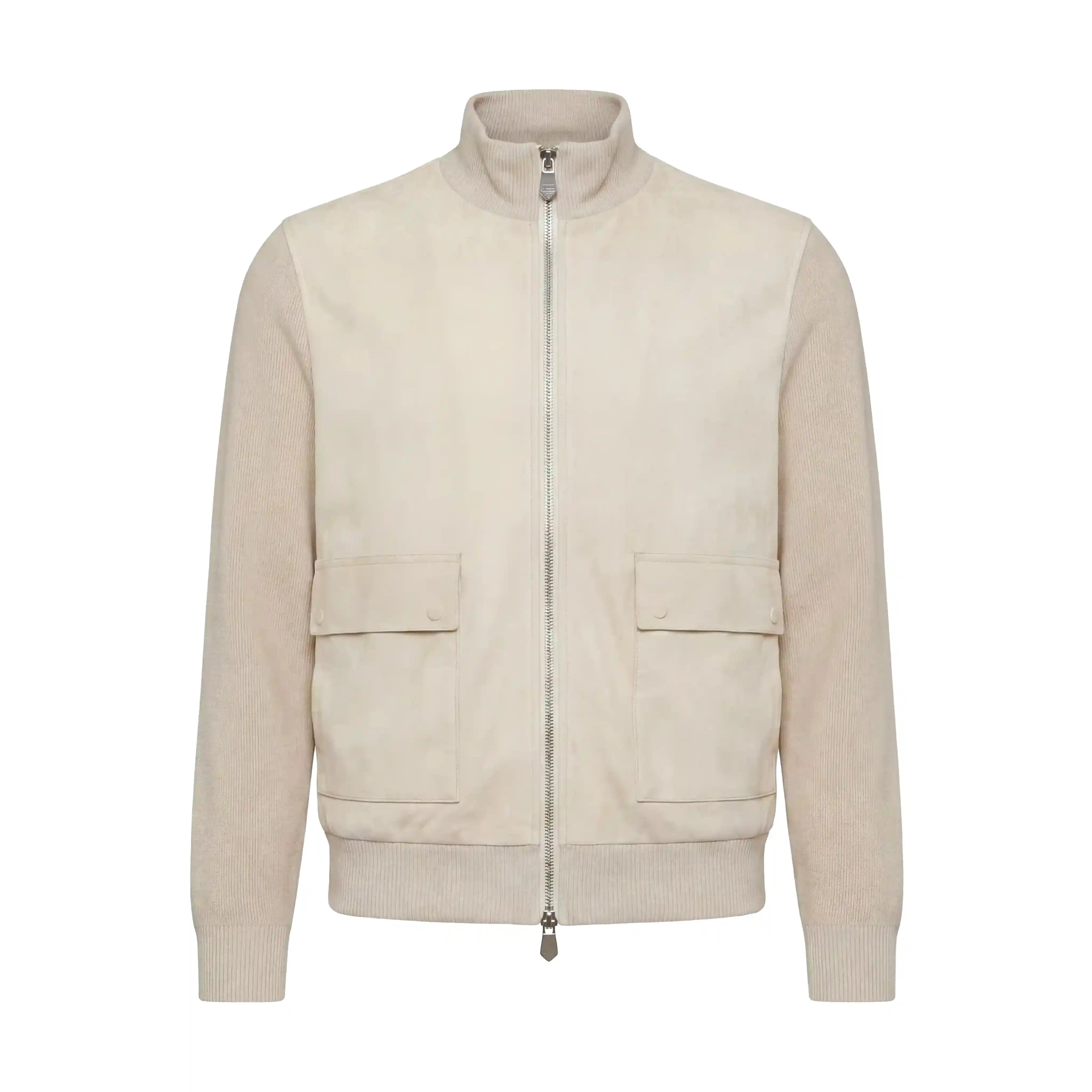 A light beige jacket with a suede-like front panel and ribbed knit sleeves, collar, and hem, featuring a full front zipper and two flap pockets.