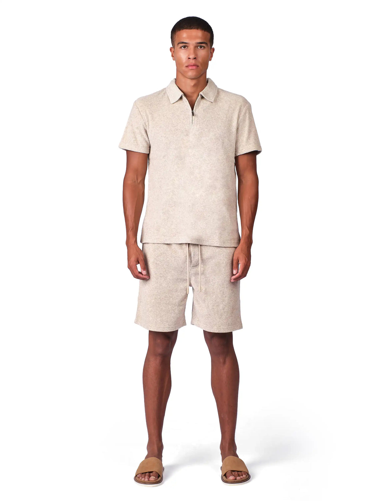 Beige Terry Resort Shorts for men with drawstring waist and relaxed summer fit

