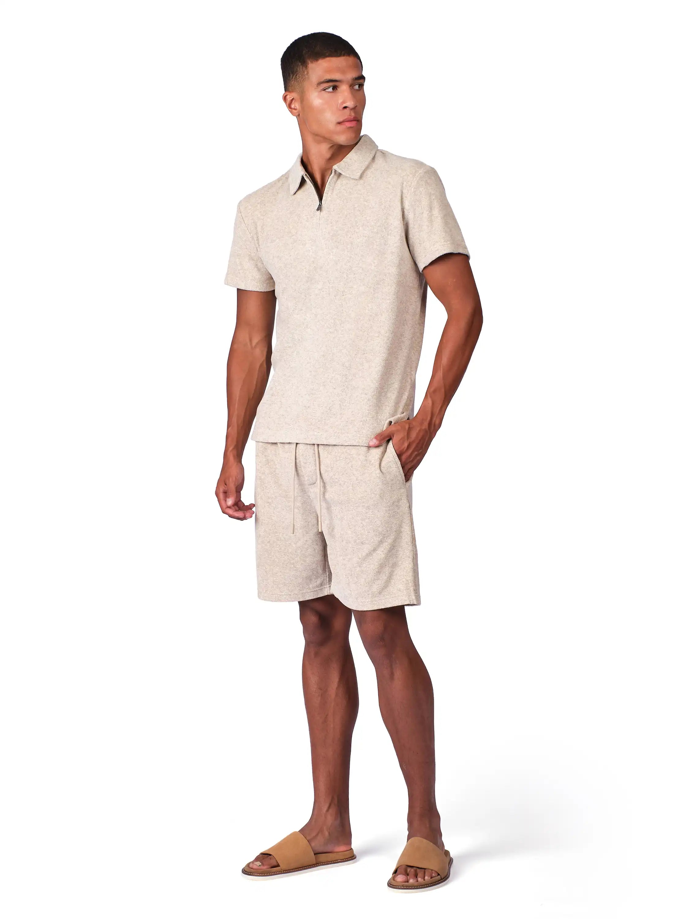 Beige Terry Resort Shorts for men with relaxed fit and resort summer wear style
