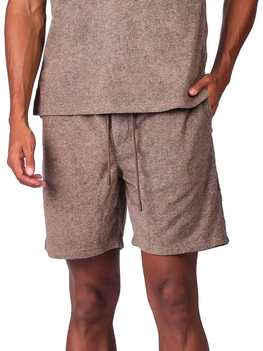 Brown Terry Resort Shorts for men with soft fabric and relaxed summer fit
