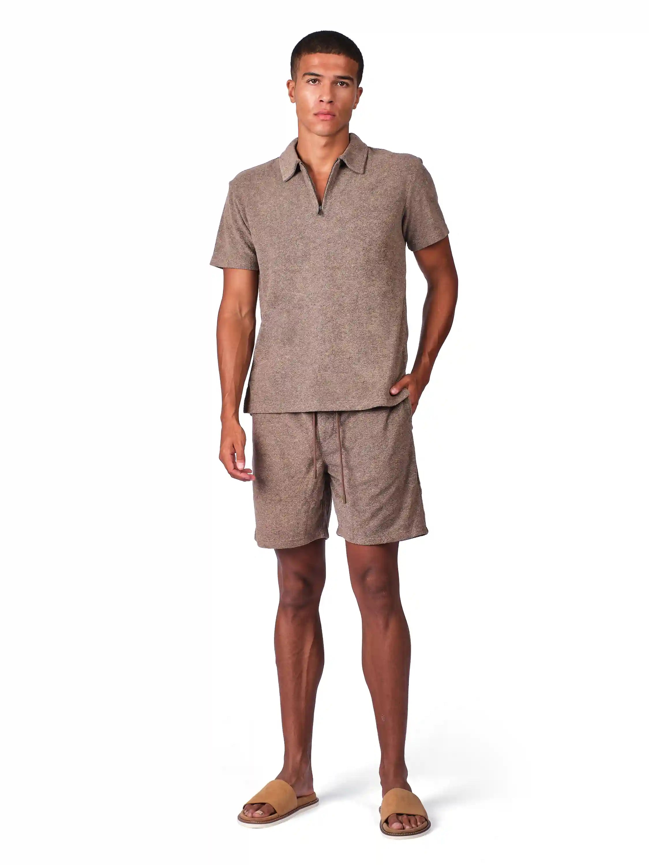 Brown Terry Resort Shorts for men with relaxed fit and premium summer style

