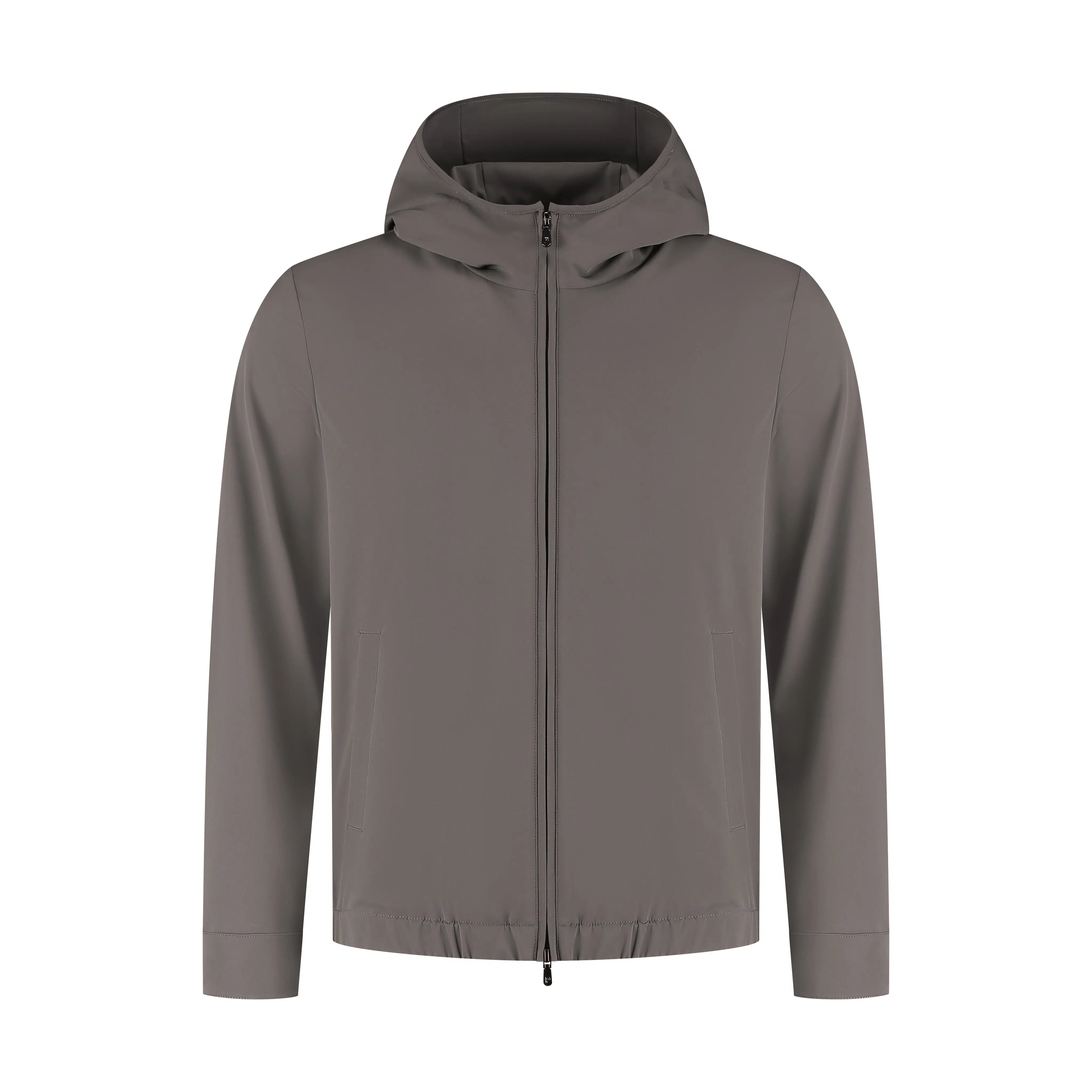 Men's brown hooded tech jacket with sleek modern style, lightweight outdoor wear design
