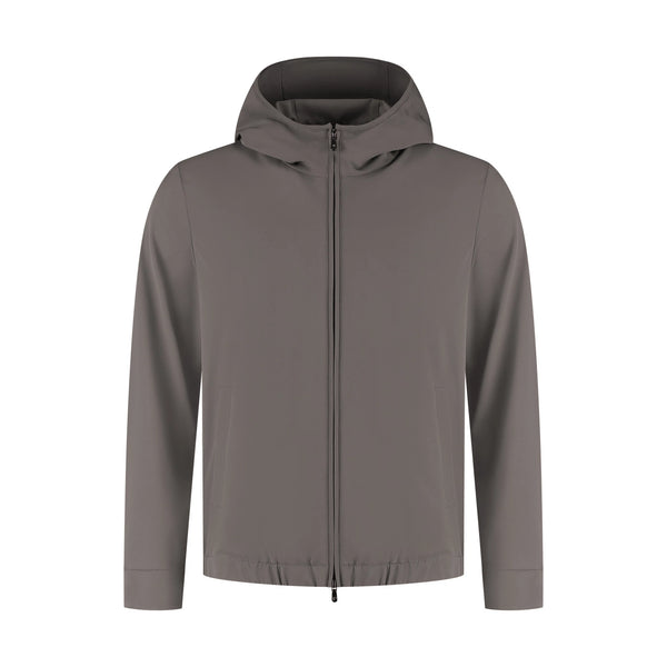 Men's brown hooded tech jacket with sleek modern style, lightweight outdoor wear design
