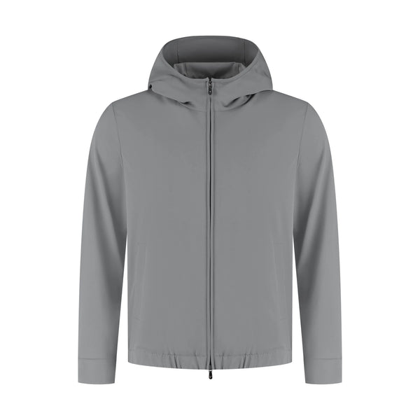 Men's grey hooded tech jacket with stylish fit, lightweight casual outdoor wear style
