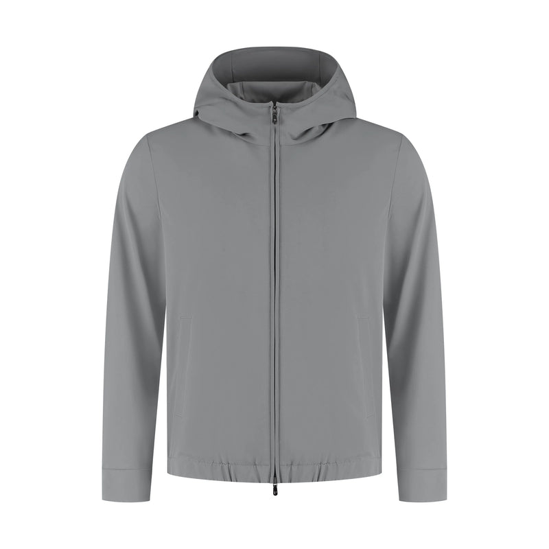 Men's grey hooded tech jacket with stylish fit, lightweight casual outdoor wear style
