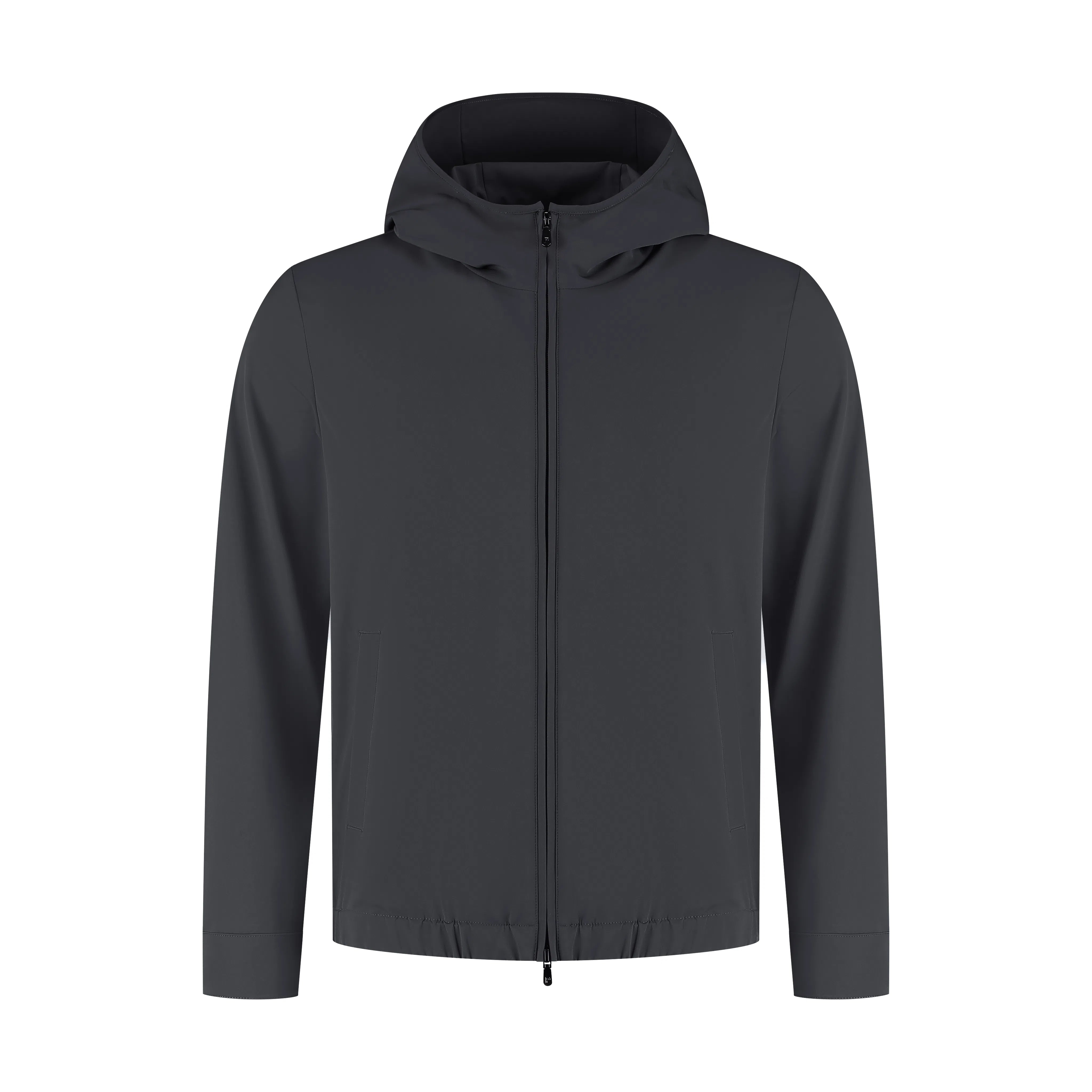 Men's black hooded tech jacket with sleek casual design, lightweight outdoor fashion wear
