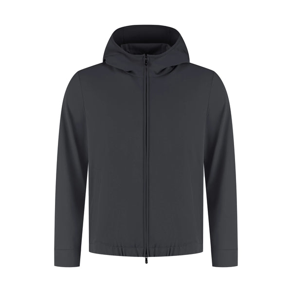 Men's black hooded tech jacket with sleek casual design, lightweight outdoor fashion wear
