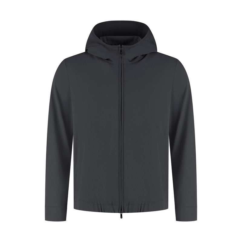 Men's black hooded tech jacket with sleek casual design, lightweight outdoor fashion wear
