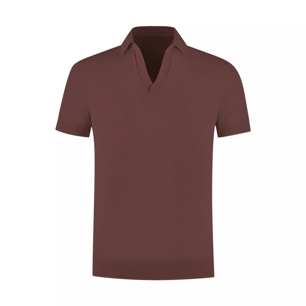 Brown men's linen polo shirt with stylish relaxed fit, breathable lightweight summer fashion wear
