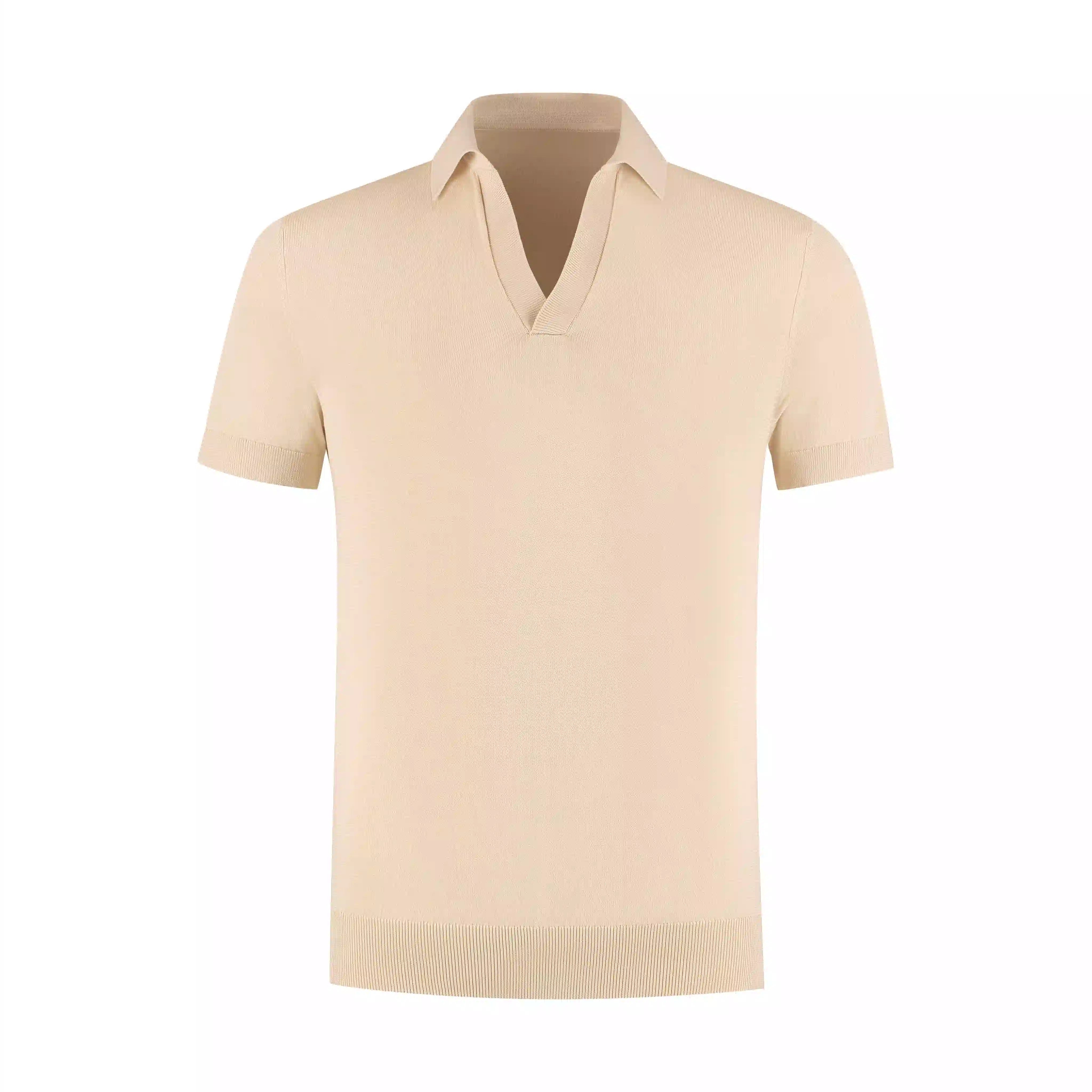 Sand men's linen polo shirt with elegant relaxed fit, breathable lightweight summer fashion wear
