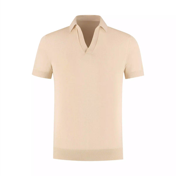 Sand men's linen polo shirt with elegant relaxed fit, breathable lightweight summer fashion wear
