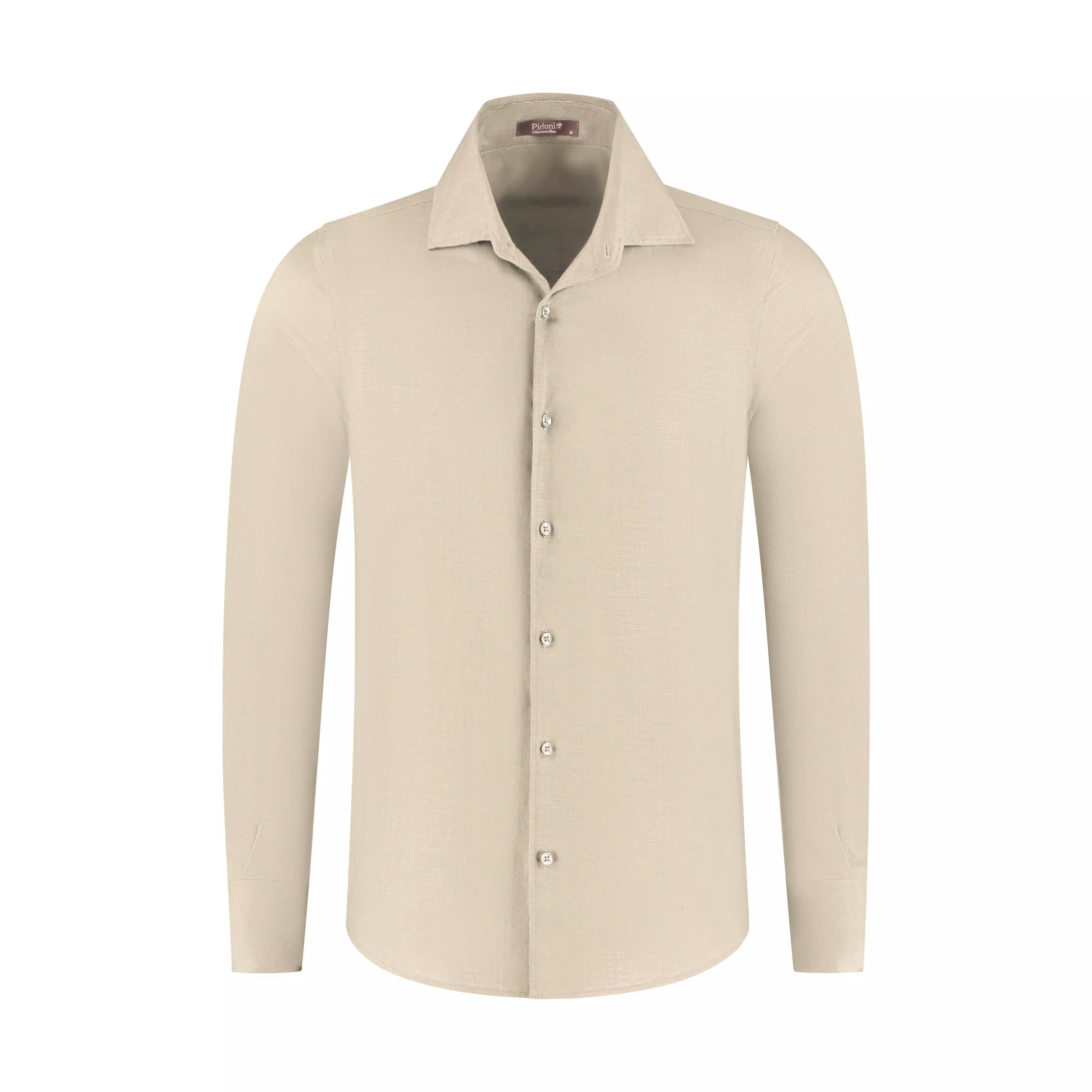 Beige button-up shirt on a white background