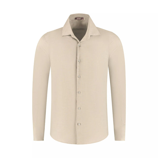 Beige button-up shirt on a white background
