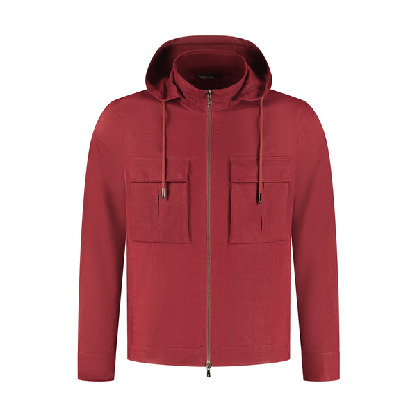 Red hoodie with a zipper on a white background