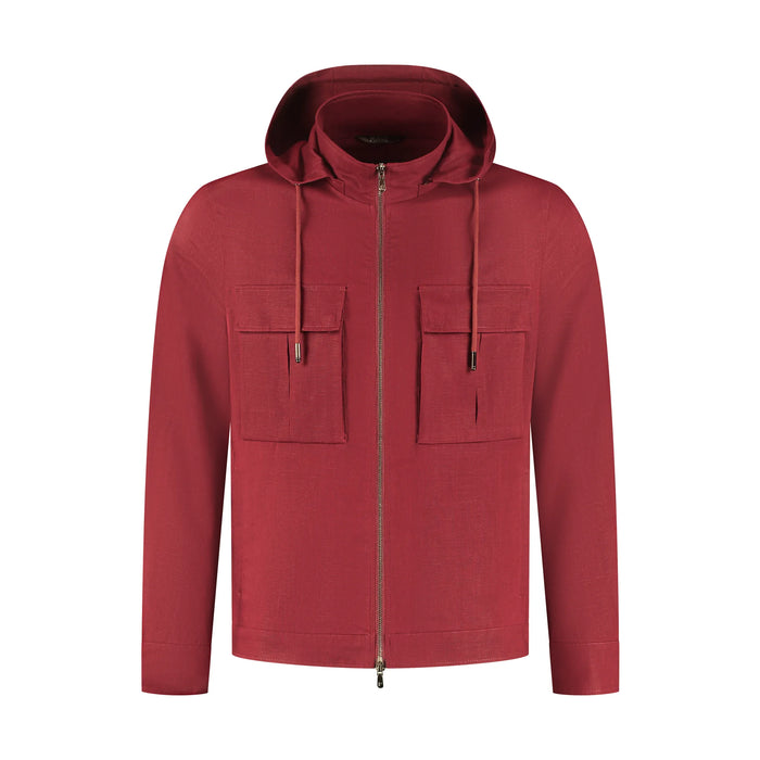 Red hoodie with a zipper on a white background