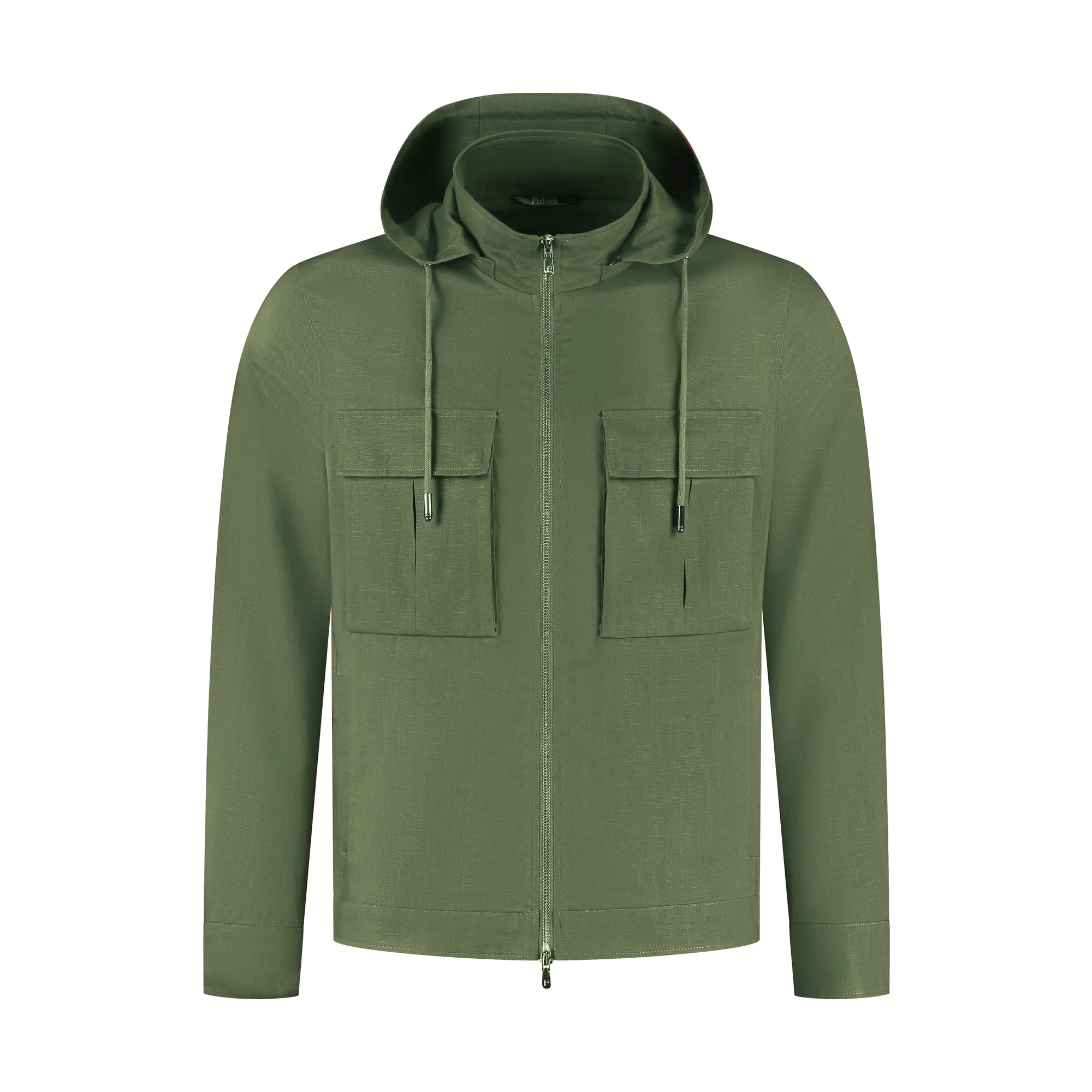 Green hooded jacket with two front pockets on a white background