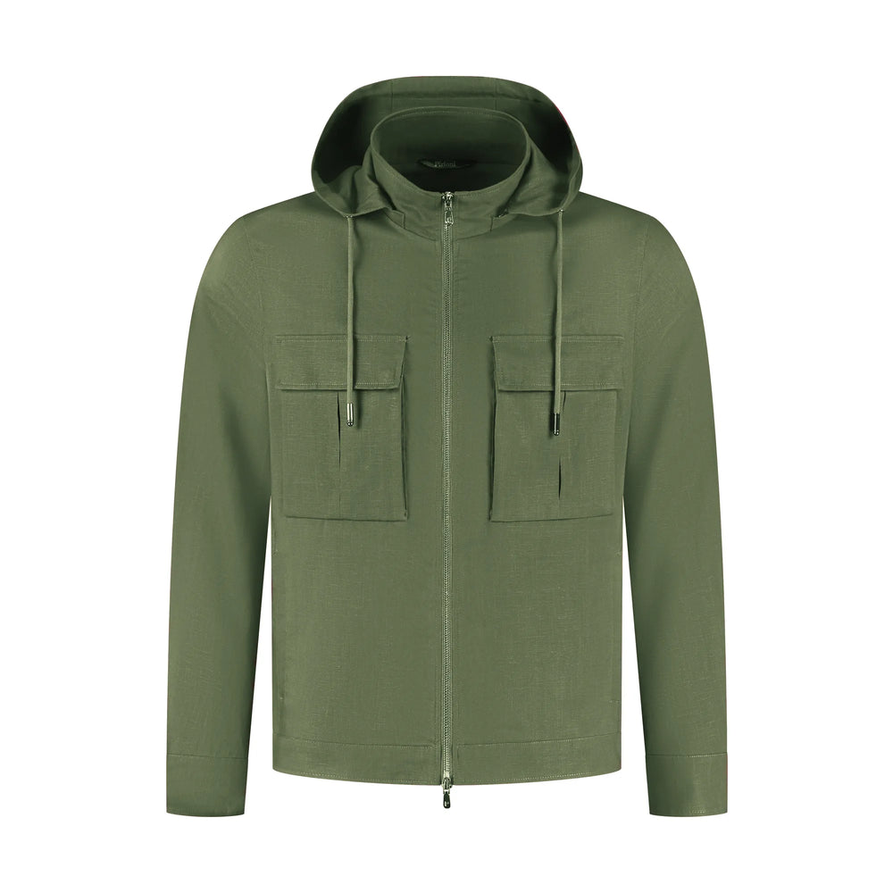 Green hooded jacket with two front pockets on a white background