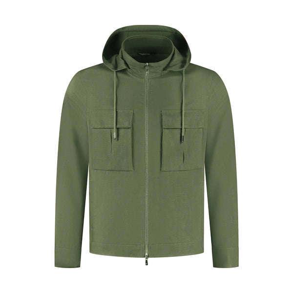 Green hooded jacket with two front pockets on a white background