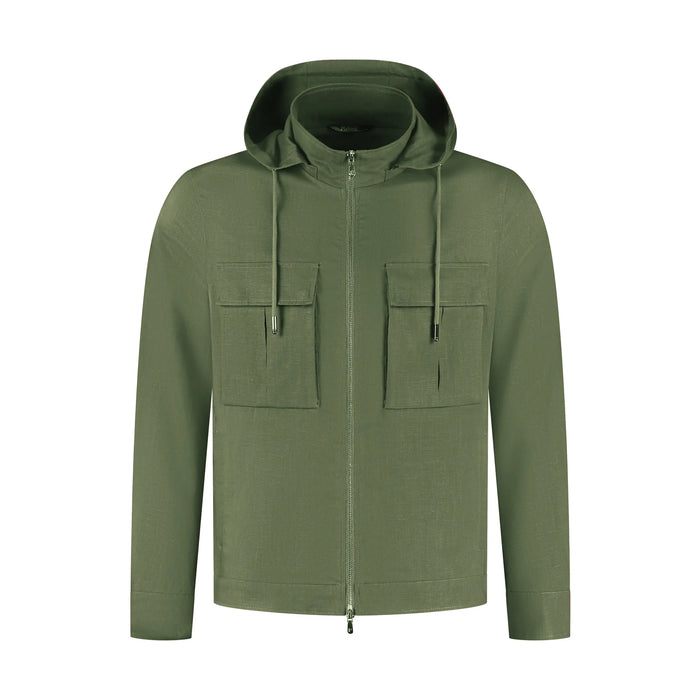 Green hooded jacket with two front pockets on a white background