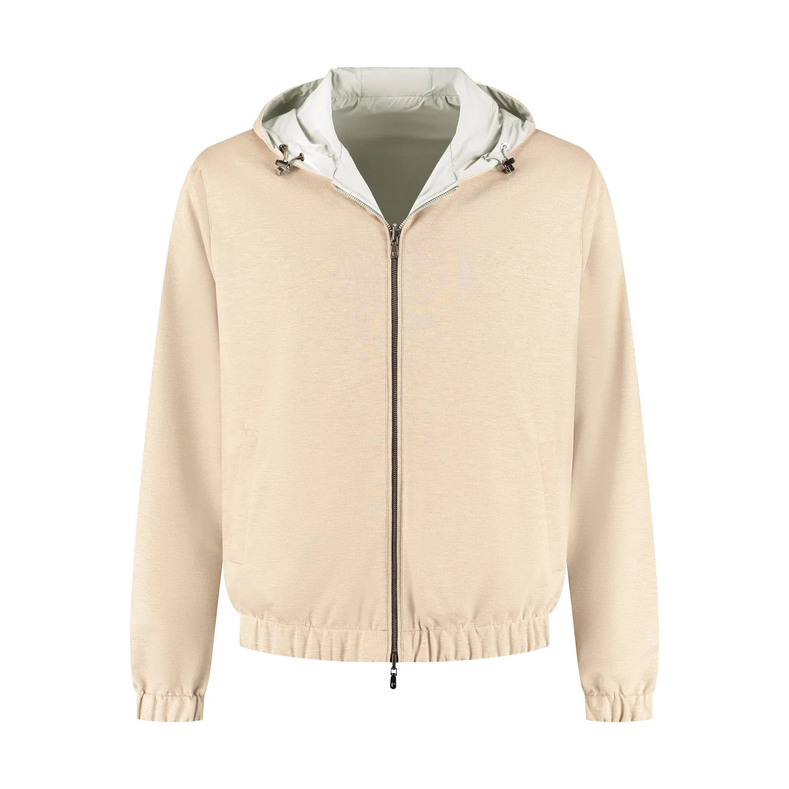 Beige jacket with a white hood on a white background
