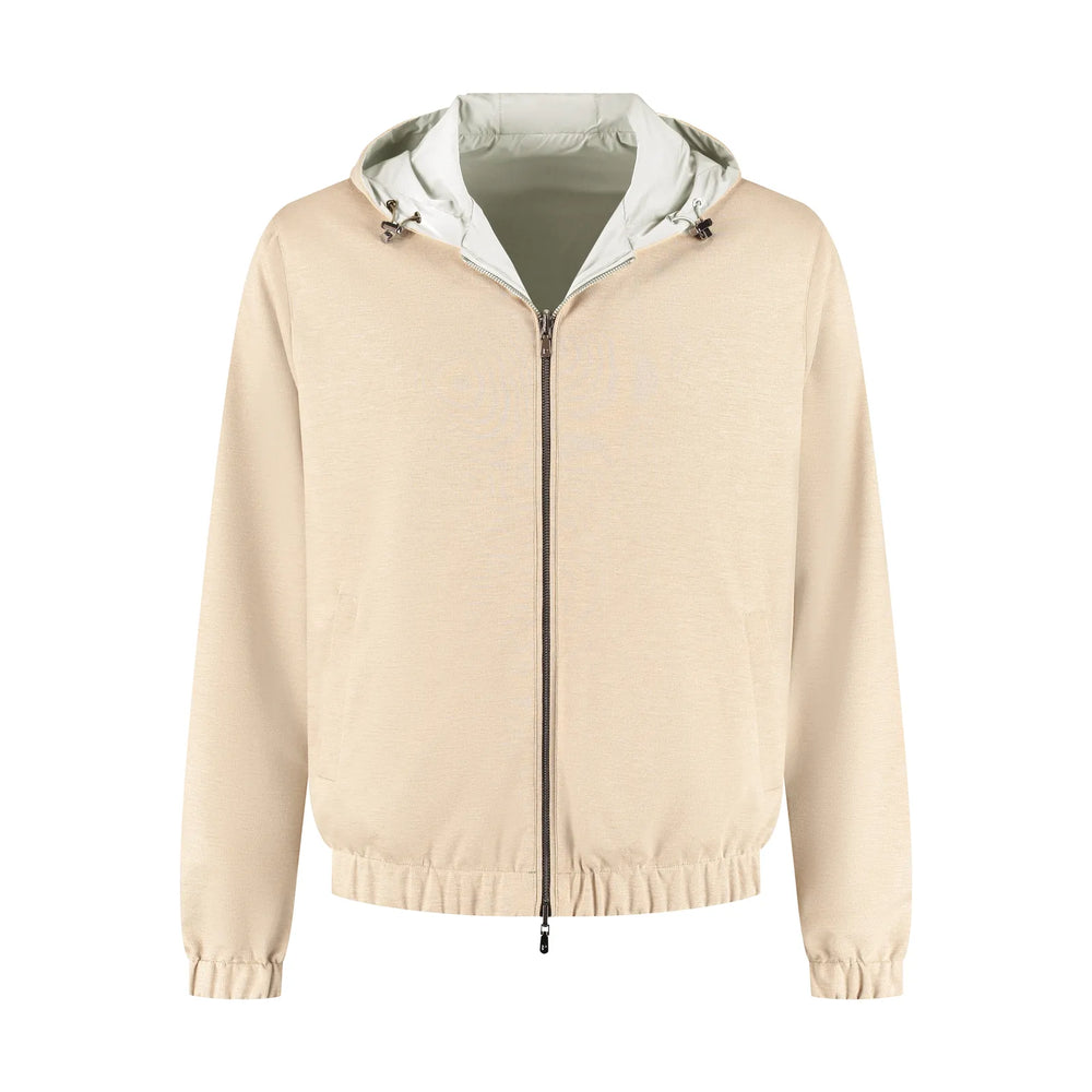 Beige jacket with a white hood on a white background