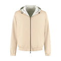 Beige jacket with a white hood on a white background