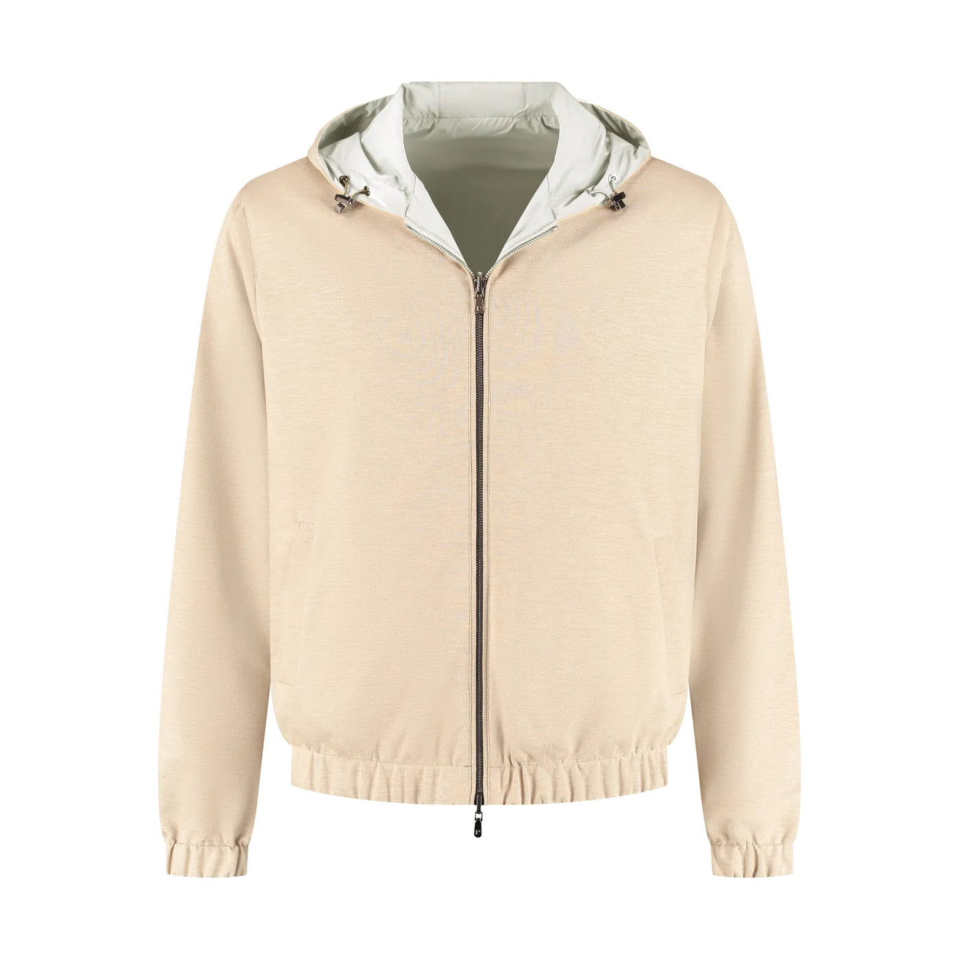 Beige jacket with a white hood on a white background