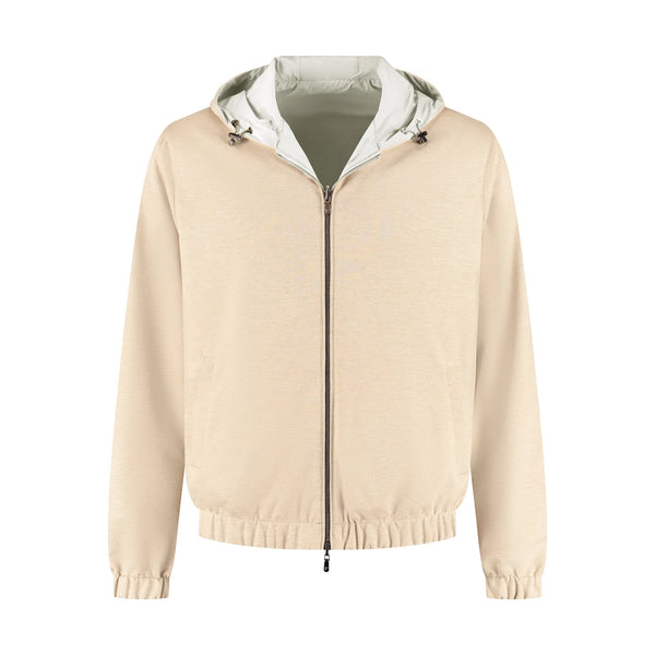 Beige jacket with a white hood on a white background