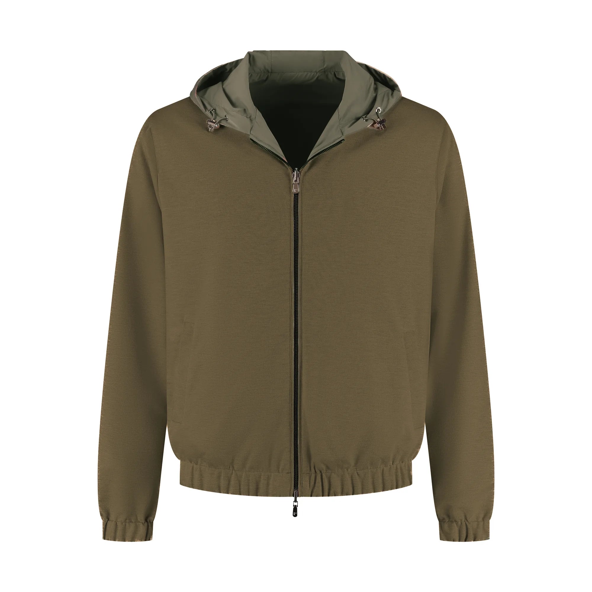 Green jacket with a hood on a white background