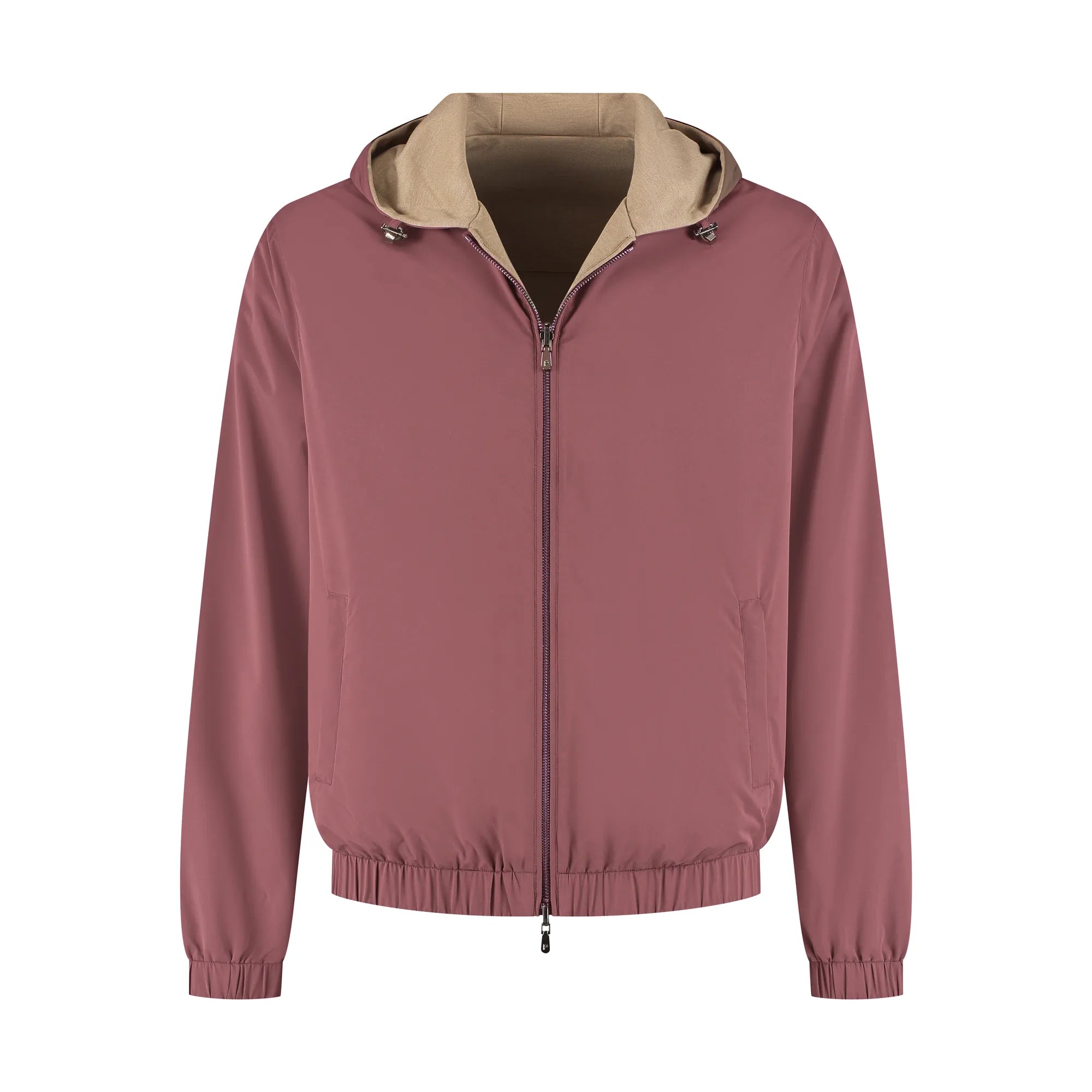 Pink jacket with beige hood on a white background
