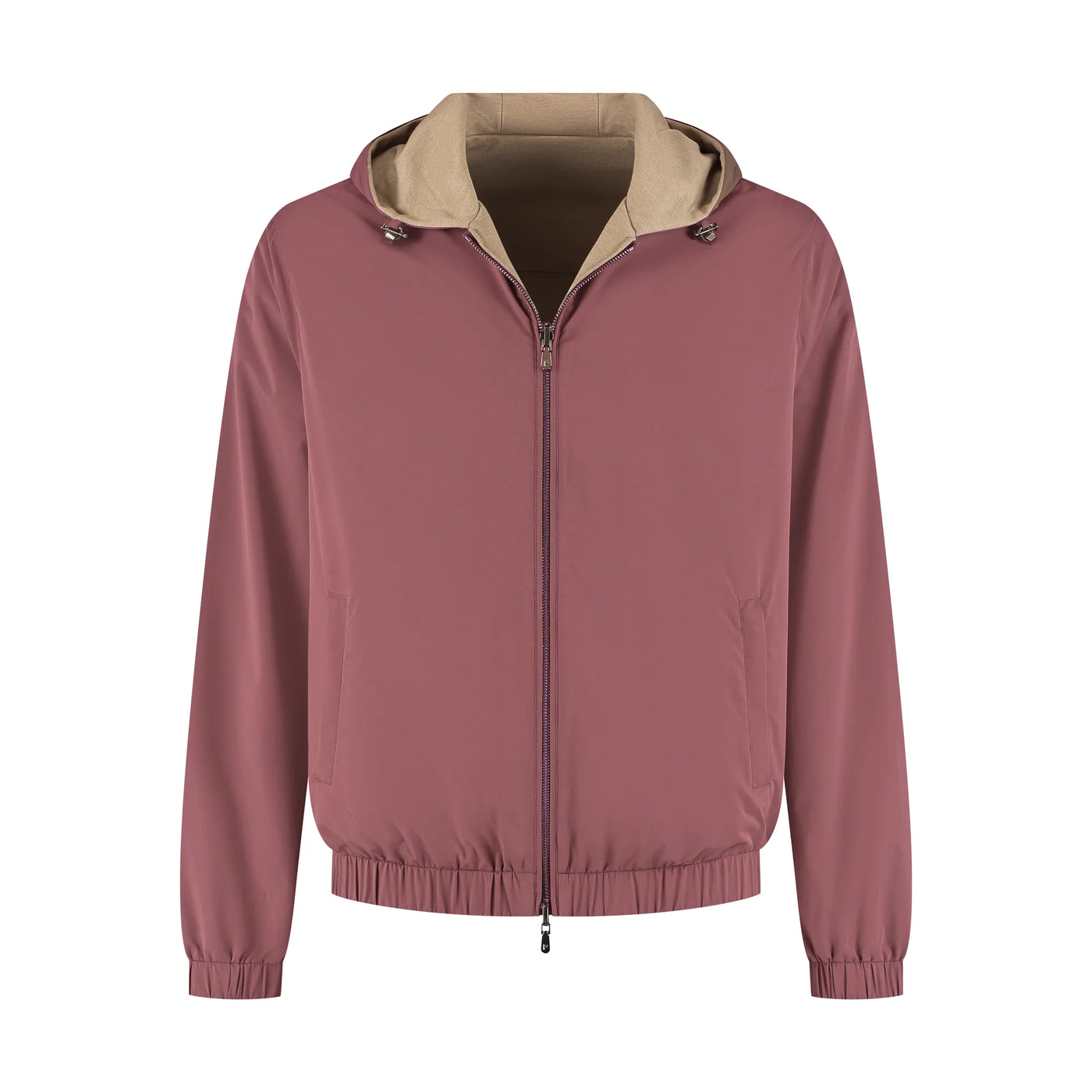 Pink jacket with beige hood on a white background