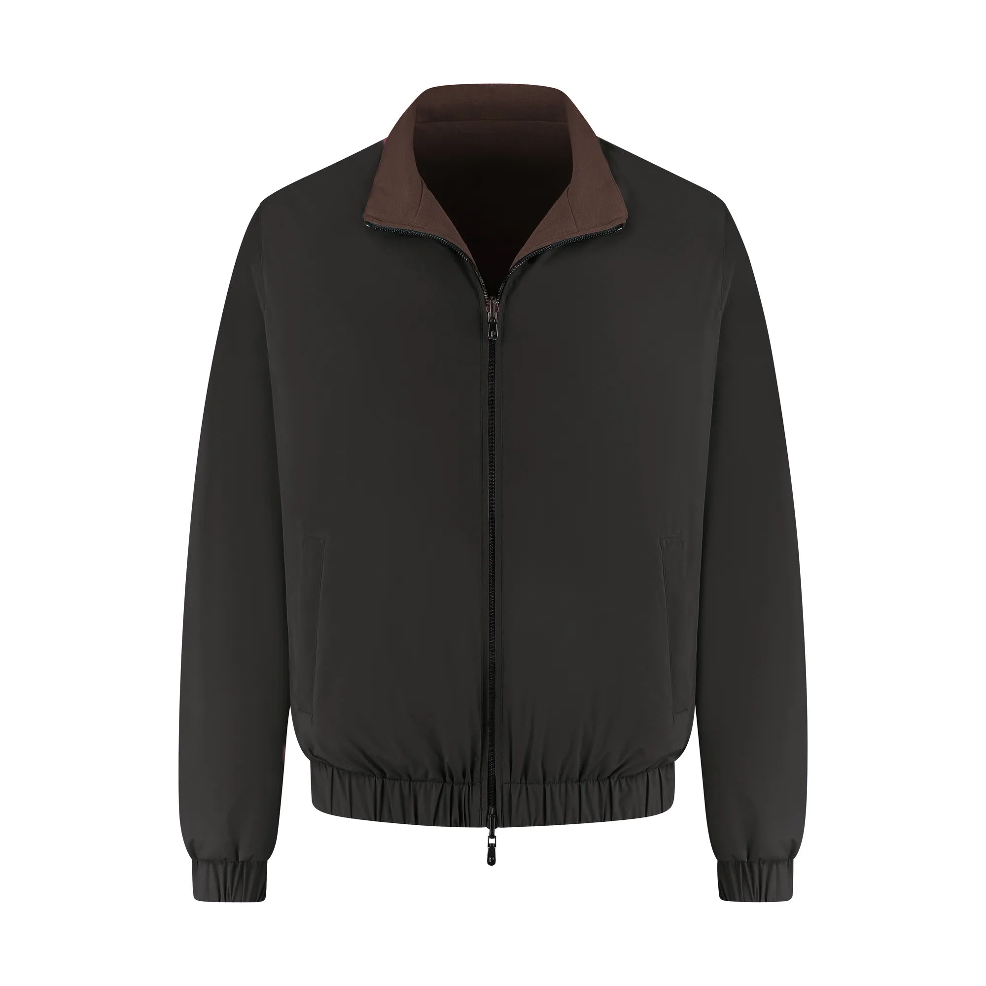 Black jacket with brown collar on a white background