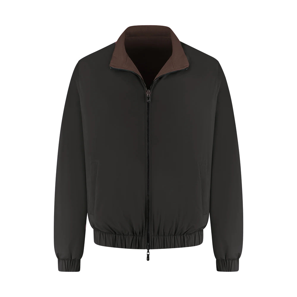 Black jacket with brown collar on a white background