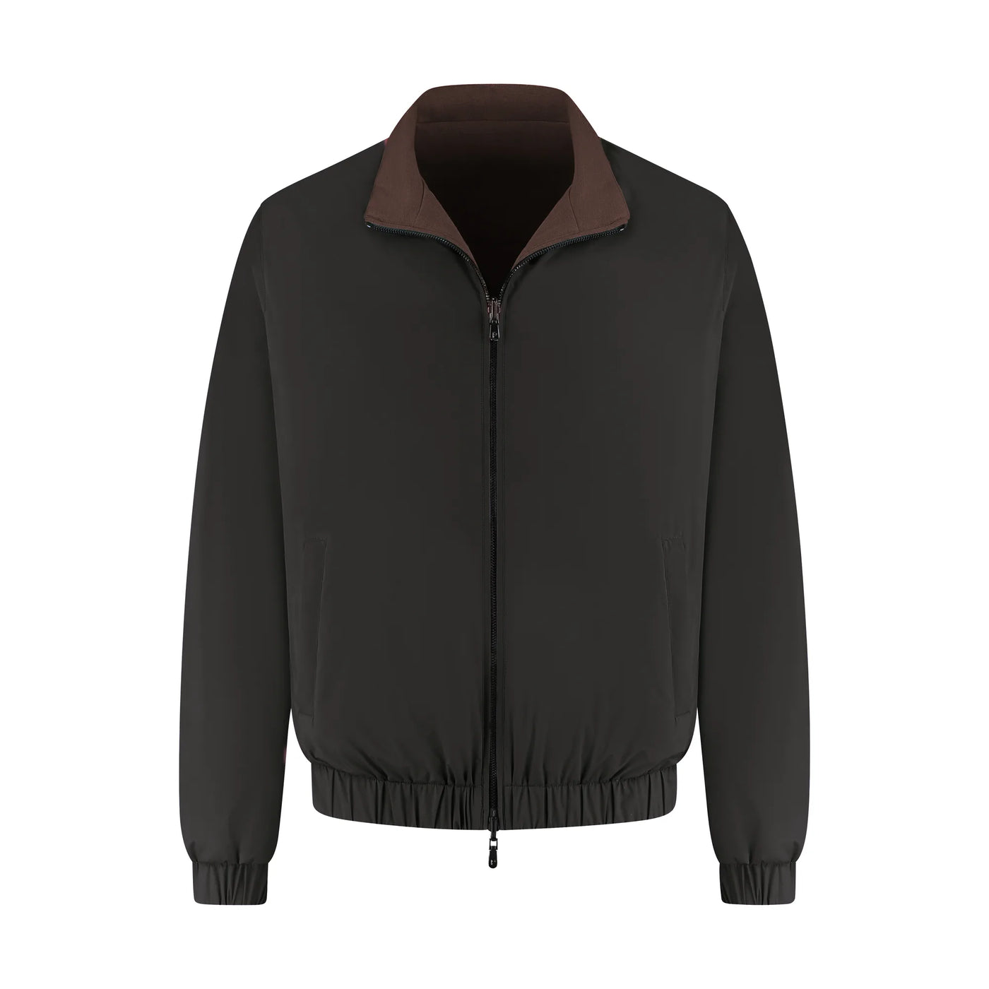 Black jacket with brown collar on a white background