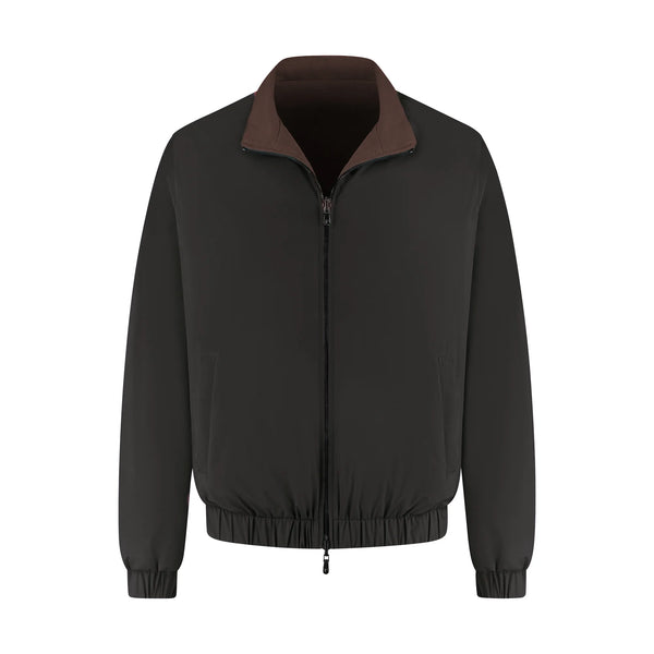 Black jacket with brown collar on a white background