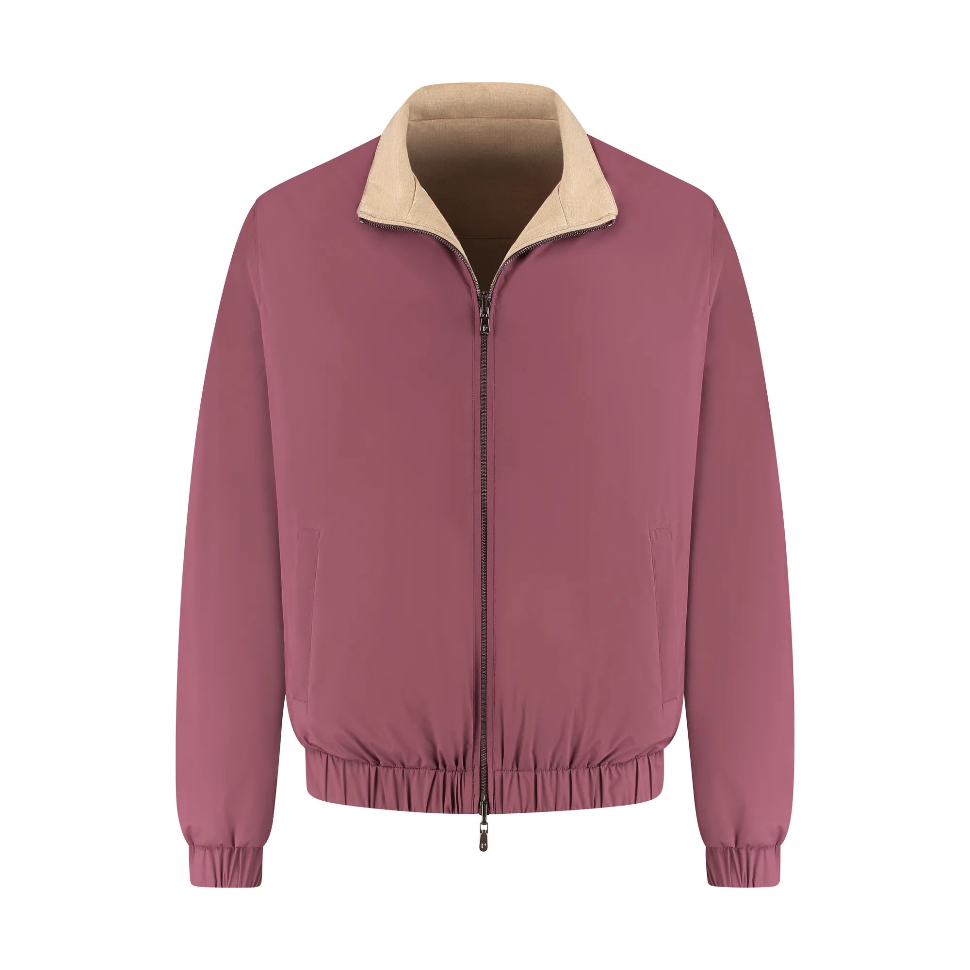 Pink jacket with beige collar on a white background