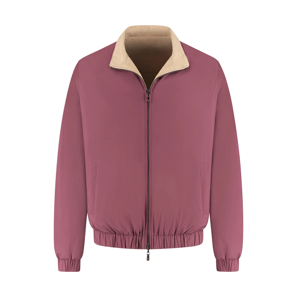 Pink jacket with beige collar on a white background