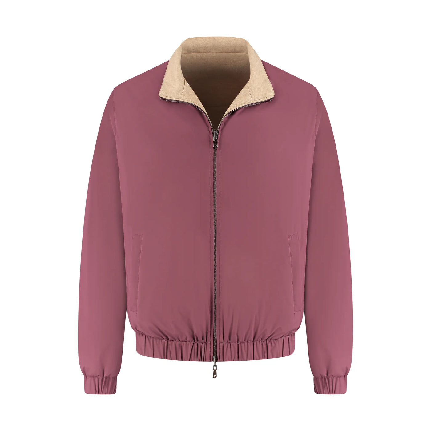 Pink jacket with beige collar on a white background