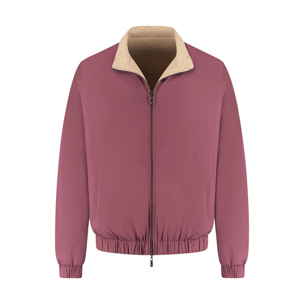Pink jacket with beige collar on a white background