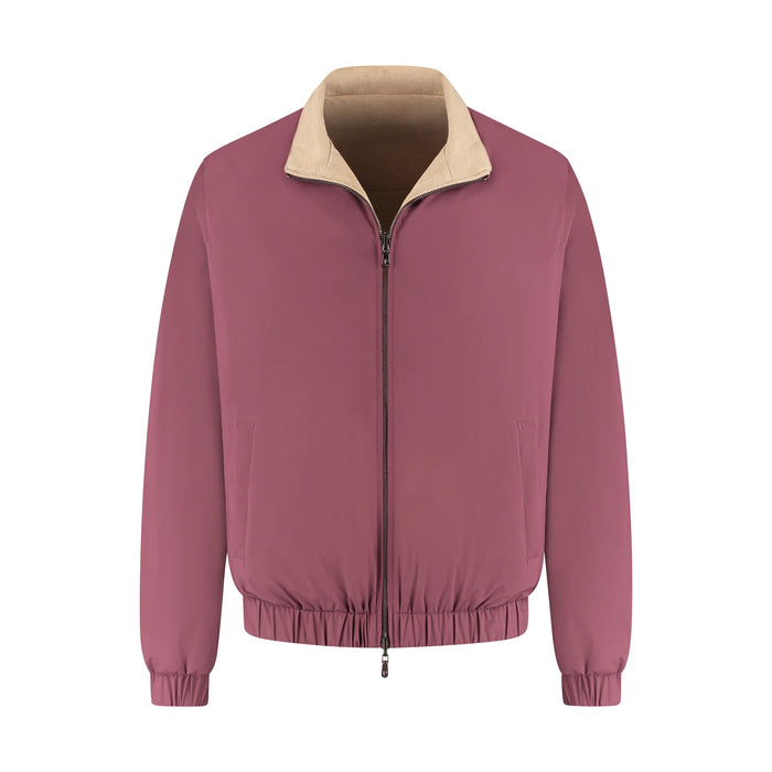 Pink jacket with beige collar on a white background