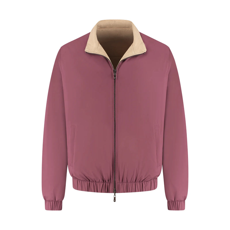 Pink jacket with beige collar on a white background