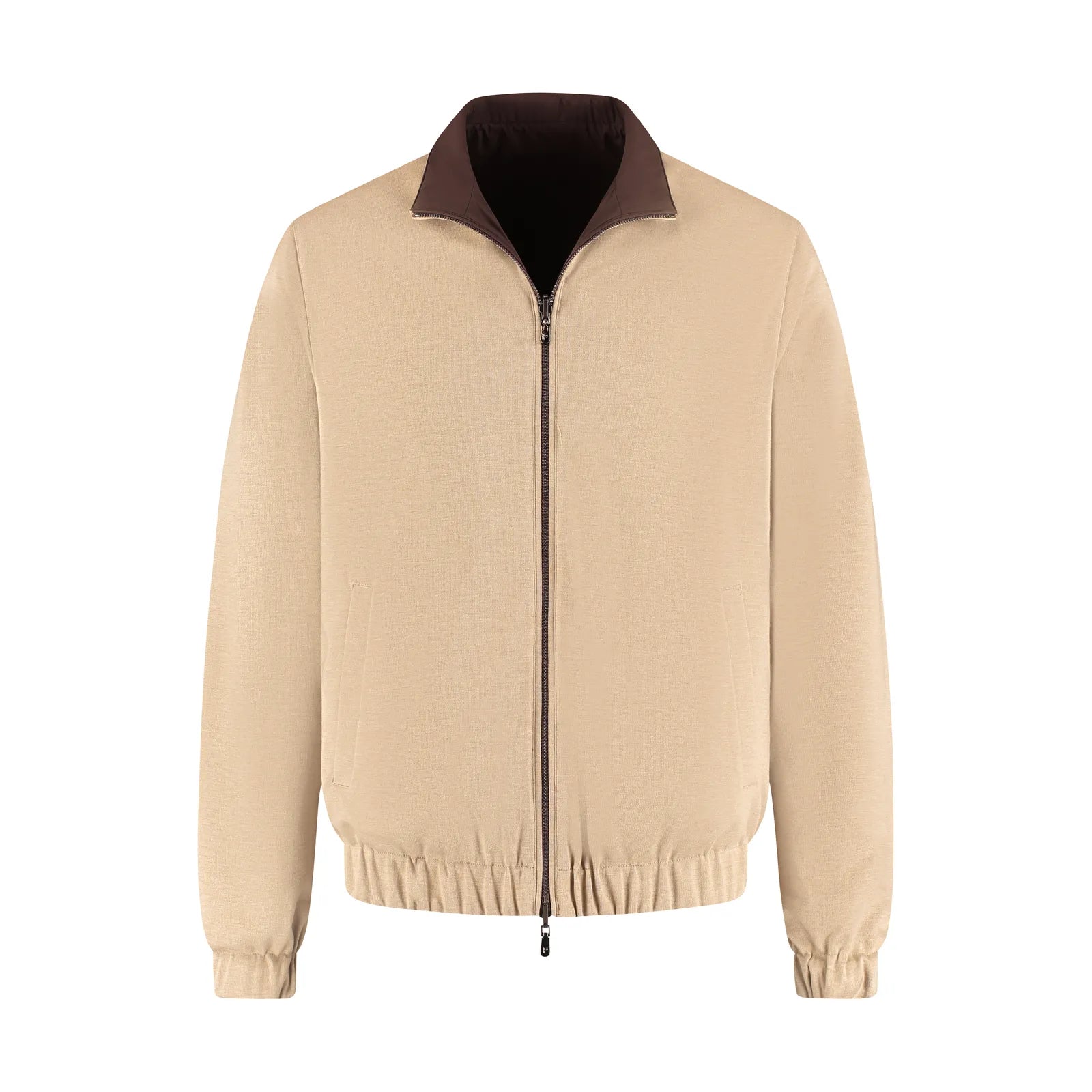 Beige jacket with a brown collar on a white background