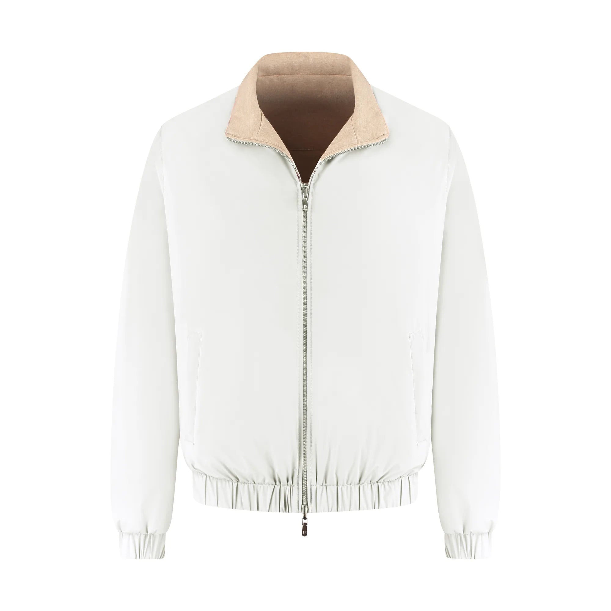 White bomber jacket with beige collar on a white background