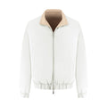 White bomber jacket with beige collar on a white background