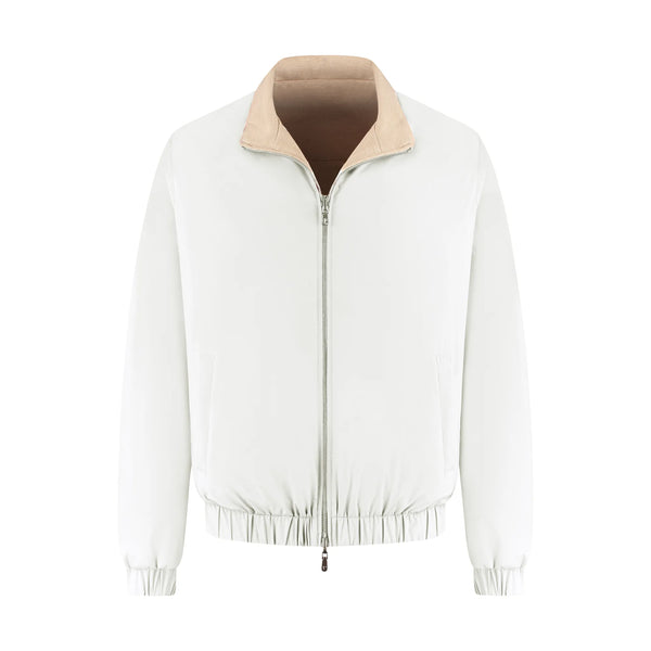 White bomber jacket with beige collar on a white background