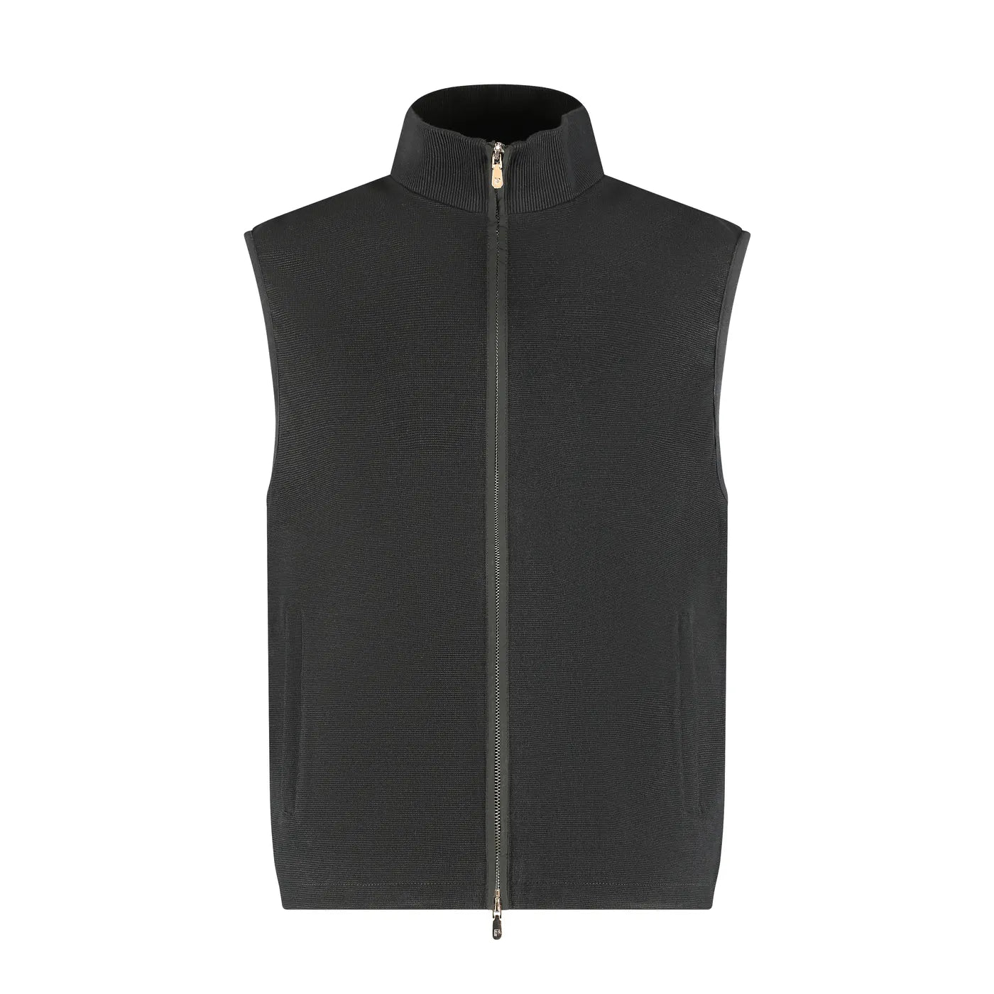Black sleeveless vest with a zipper on a white background
